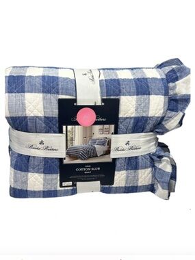 Brooks Brothers Checkered Blue and White Cotton Slub Quilt with Ruffle Trim